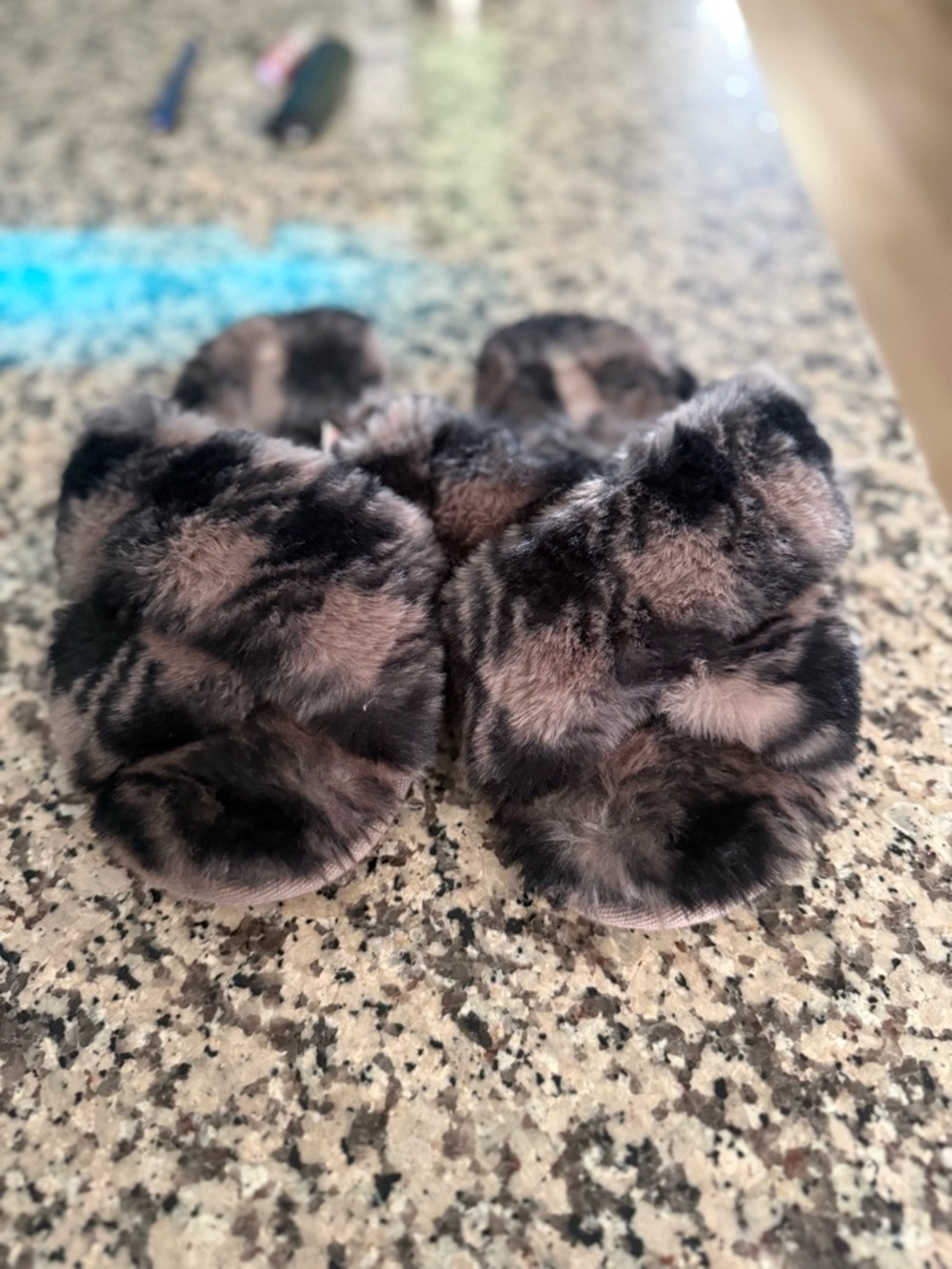 PINK Victoria's Secret Fuzzy Slide Slippers in Black and Gray Faux Fur